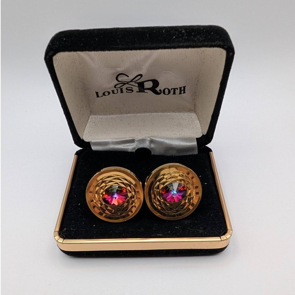 Vintage‎ Louis Roth Gold Tone Iridescent Crystal Concentric Circle Cufflinks Box
